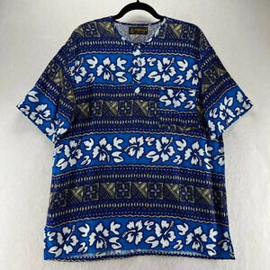 KARTONMAS Shirt Mens Size L Tropical Floral Henley Short Sleeve Woven Blue